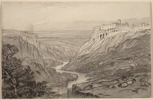 Geiter som hviler over en elvekløft (Narni, Italia) av Edward Lear