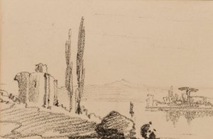 Italiensk capriccio, ca. 1837 (svart kritt på papir) av Edward Lear