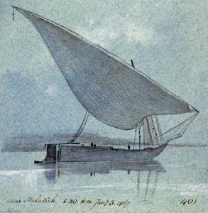 Studie av en gyasi (egyptisk båt) nær Malatieh (eller Malatia, Egypt). Farget akvarelltegning av Edward Lear