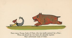 Det var en ung dame av Clare, som ble forfulgt av en bjørn fra 'A Book of Nonsense', utgitt av Frederick Warne og Co., London, ca. 1875 av Edward Lear