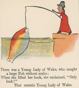 Det var en ung dame fra Wales, som fanget en stor fisk uten skjell, fra 