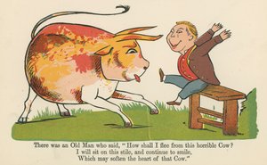 Det var en gammel mann som sa: "Hvordan skal jeg flykte fra denne grufulle kua", fra "A Book of Nonsense", utgitt av Frederick Warne og Co., London, ca. 1875 av Edward Lear