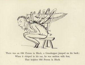 Det var en gammel person i svart, en gresshoppe hoppet på ryggen hans av Edward Lear