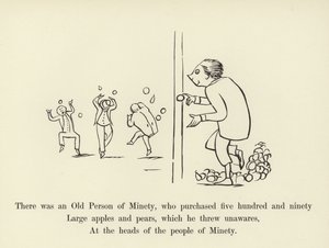 Det var en gammel minitetsperson, som kjøpte fem hundre og nitti store epler og pærer av Edward Lear