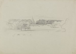 Utsikt over en eng til en kirke, 1834 (grafitt på grønt tungt vevd papir) av Edward Lear