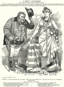 Punch tegneserie: A Pretty Centenarian - hundreårsdagen for utarbeidelsen av USAs grunnlov (gravering) av Edward Linley (after) Sambourne