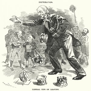 Punch tegneserie: Distribusjon. Liberale tips om å forlate (gravering) av Edward Linley (after) Sambourne