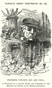 Punch tegneserie: Henry Fawcett, engelsk politiker og økonom (gravering) av Edward Linley (after) Sambourne