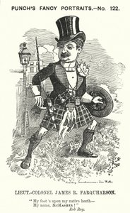 Punch tegneserie: James Ross Farquharson, skotsk soldat (gravering) av Edward Linley (after) Sambourne
