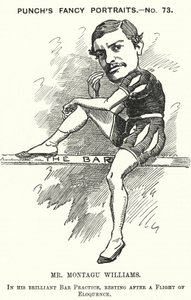 Punch tegneserie: Montagu Williams, engelsk lærer, soldat, skuespiller, dramatiker, advokat og sorenskriver (gravering)