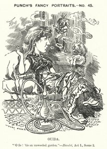 Punch tegneserie: Ouida (Maria Louise Rame), engelsk forfatter (gravering) av Edward Linley (after) Sambourne