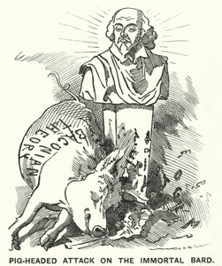 Punch tegneserie: Pig-headed Attack on the Immortal Bard - teorien om at William Shakespeares skuespill faktisk ble skrevet av Sir Francis Bacon (gravering)