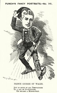 Punch tegneserie: Prins George av Wales, den fremtidige kong George V, som midtskipsmann i Royal Navy (gravering) av Edward Linley (after) Sambourne