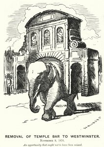 Punch tegneserie: Fjerning av Temple Bar til Westminster (gravering) av Edward Linley (after) Sambourne