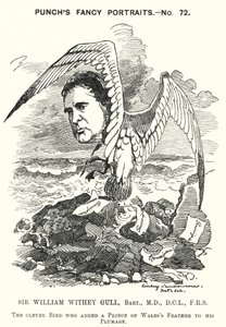 Punch tegneserie: Sir William Withey Gull, engelsk lege som behandlet prinsen av Wales for tyfus og ble ordinær lege for dronning Victoria (gravering) av Edward Linley (after) Sambourne