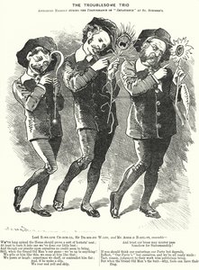 Punch tegneserie: The Troublesome Trio: Lord Randolph Churchill, Henry Drummond Wolff og Ellis Ashmead-Bartlett, britiske konservative politikere (gravering) av Edward Linley (after) Sambourne
