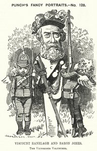Punch tegneserie: Thomas Heron Jones, 7. Viscount Ranelagh og Baron Jones av Navan, promotør for frivilligbevegelsen for den britiske hæren (gravering) av Edward Linley (after) Sambourne