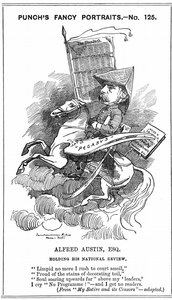 Alfred Austin (1835-1913) britisk poetprisvinner fra 1896. Tegneserie av Edward Linley Sambourne (1844-1910) i Fancy Portraits-serien i Punch, London, 3. mars 1883, da Austin ble redaktør for National Review. Gravering. av Edward Linley Sambourne