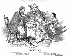 Koalisjonsregjering. Hertugen av Devonshire og Arthur Balfour (i midten) prøver å kontrollere Joseph Chamberlain, leder for juniorpartiet i koalisjonen. I september 1903 trakk han seg for å være fri til å gå inn for sine tariffreformer. Tegneserie av Edwar