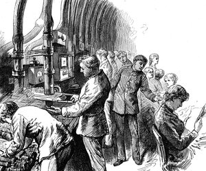 Gravering som viser den pneumatiske forsendelsen som General Post Office brukte til å frakte pakker under London. Edward Linley Sambourne (1844-1910) en engelsk tegneserieskaper og illustratør. Datert 1800-tallet ©UIG/Leemage av Edward Linley Sambourne