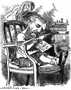 Evelyn Ashley (1836-1907) engelsk forfatter og liberal politiker: sønn av 7. jarl av Shaftesbury. Tegneserie av Edward Linley Sambourne i Fancy Portraits-serien fra Punch London april 1881 da Ashley var undersekretær i Board of Trade. av Edward Linley Sambourne