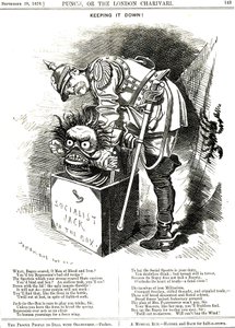 Holder det nede. Otto von Bismarck (1815-1898) Tysklands kansler, prøver å tvinge sosialismens knekt tilbake i boksen sin. Bildetekstene forteller ham at hver undertrykkelseshandling virker en eliksir til det menneskelige ønsket om mer frihet. Tegneserie a