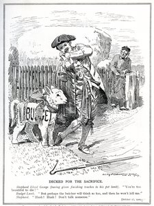 Lloyd George forbereder seg på å sende "kjæledyrlammet" sitt, "People's Budget", for å bli ofret og drept av House of Lords, 1909 av Edward Linley Sambourne