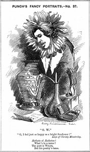 Oscar Wilde (1854-1900) irsk dramatiker, romanforfatter, poet og vidd. Tegneserie av Edward Linley Sambourne fra hans 'Fancy Portraits'-serie for Punch London, 25. juni 1881, som viser Wilde som en solsikke. Tregravering