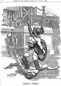 Med retur av den liberale regjeringen i Storbritannia, desember 1905, var frihandel politikken, snarere enn den konservative politikken for beskyttelse av tariff. Tegneserie av Edward Linley Sambourne fra Punch London 24. januar 1906 av Edward Linley Sambourne