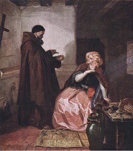 Juliet og broren Laurence (Romeo og Julie) Ta du hetteglasset, mens du så er i sengen, og denne destillerte brennevinsdrikken, fra puben The Complete Works of William Shakespeare. av J Coker & Co Ltd (c.