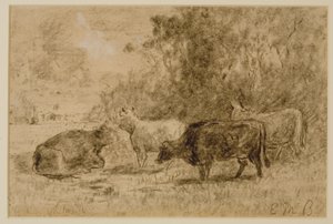 Landskap med fire kyr, ca. 1880-tallet (kull på papir) av Edward Mitchell Bannister