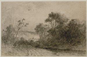 Landskap med tak bak trær (#49) c. 1880-tallet (grafitt på papir) av Edward Mitchell Bannister
