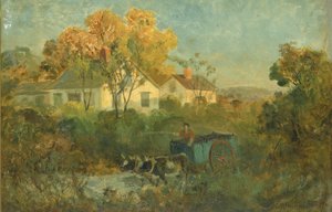The Drinking Pool man in cart with oxen at pool, 1895.    1180426   no       norwegian Successfully Translated  Original: Man met ezel in een landschap Translat: Man met ezel in een landschap 1331569 no norwegian Successfully Translated Original: Veduta de av Edward Mitchell Bannister