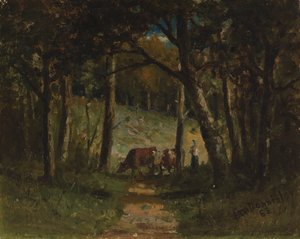Unavngitte kyr på sti i skogen, 1883. av Edward Mitchell Bannister