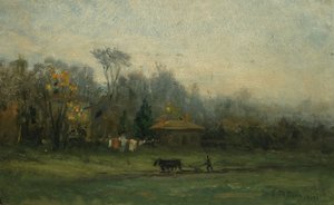 Uten tittel landskap med mann som pløyer åker, n.d. av Edward Mitchell Bannister
