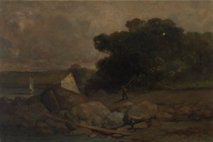 Uten tittel landskap med steiner, mann og seilbåter, 1895. av Edward Mitchell Bannister