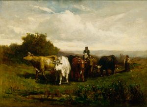Uten tittel mann til hest, kvinne til fots som driver storfe, 1880.
