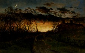 Uten tittel solnedgang med kvartmåne og gårdshus, 1883.