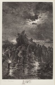 Uten tittel (Launching a Dory/Til unnsetning/Skipsvrak) av Edward Moran
