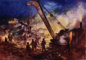 Kran fjerner vrak fra åstedet for en jernbaneulykke (farge litho) av Edward Parick Kinsella