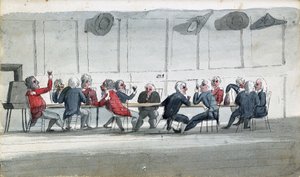 Offisersmessen, en tegneserie som viser marineoffiserer samlet mens de drikker vin. Tegning av Edward Pelham Brenton (1774–1839), fargelagt i akvarell. av Edward Pelham Brenton