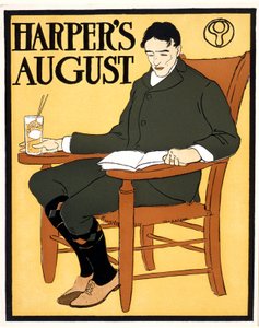 Mann sittende i oransje stol, hos August Harper av Edward Penfield