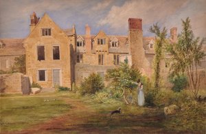 På Nottingham (baksiden av steinbygninger med kvinne, hund og hagerulle) av Edward Pretty
