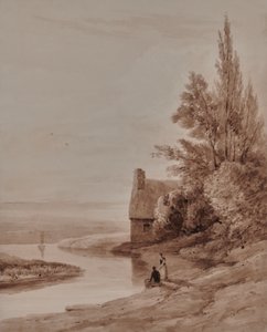 Vannlandskap med figurer og en liten båt av Edward Pretty