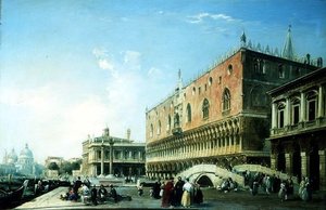 Piazzetta, Venezia, med mange figurer ved Dogepalasset (olje på lerret) av Edward Pritchett