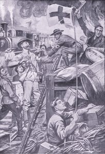 Falsk ambulansemann ødelegger butikker ved Komati Foort under dekke av Røde Kors-flagget, illustrasjon fra After Pretoria: The Guerilla War, 1902 av Edward Read