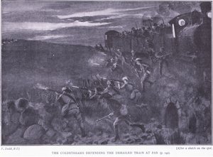 Coldstreams forsvarer et avsporet tog, illustrasjon fra After Pretoria: The Guerilla War, 1902 av Edward Read