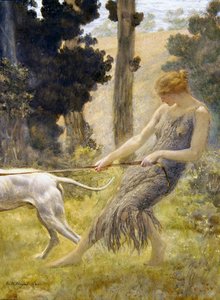 Kvinne som går tur med hunden (tempera om bord)