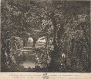 En morgenscene av skogen med Rinaldo på bredden av den fortryllede elven