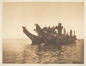Maskerte dansere i kanoer-Qagyuhl A av Edward S. Curtis